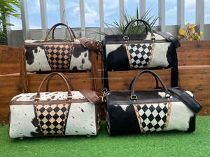 Nueva llegada 2025 diseño a cuadros bolso de lona de cuero de vaca a mano 2 piezas conjuntos combinados bolsa de viaje de gran capacidad para Unisex - Product Image 4