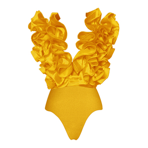 Traje de Baño de Dos Piezas con Volantes Rojos y Escote en V Profundo para Mujer, Top Bandeau y Falda de Cintura Alta, Color Sólido, Elástico y Transpirable - Product Image 6