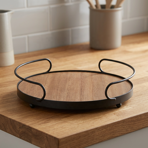 Plateau rond moderne avec base en bois et poignées en métal noir, idéal pour le service et l'affichage élégants - Product Image 1