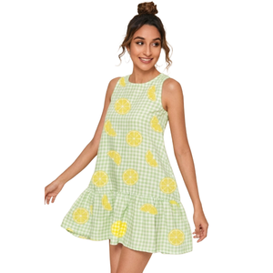 เดรสสั้นผู้หญิงสำหรับฤดูร้อน ขายส่ง แบบเป็นมิตรต่อสิ่งแวดล้อม ลายดอกไม้สีเขียว ระบายอากาศได้ดี ตัดเย็บแบบแพทช์เวิร์ค ไม่มีแขน - Product Image 1