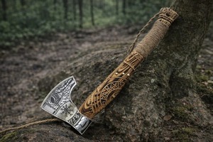 Hacha de cabeza hecha a mano para exteriores, personalizada, con hoja de acero de alto carbono de 18 pulgadas y mango de madera grabado, de grado industrial. - Product Image 5