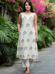 Kurti en coton beige à imprimé floral pour femme, coupe ample, longueur midi, tenue décontractée, mode Inde Pakistan, style été - Product Image 3