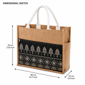 Sac fourre-tout en jute écologique surdimensionné avec poche avant zippée, panneau imprimé noir, grande capacité - Product Image 4