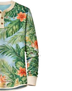 เสื้อเชิ้ตเฮนลีย์ลายดอกไม้เขตร้อนสำหรับผู้ชาย สีฟ้าและสีเขียว แขนยาว ติดกระดุม แนวลำลอง สไตล์ชายหาด แฟชั่นฤดูร้อน - Product Image 4