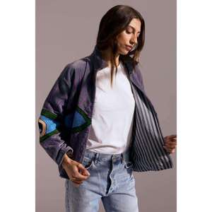 Giacca Artigianale in Cotone Suzani per Donne, Viola e Grigio, Stile Bohémien con Motivo Ricamato a Occhio, Cappotto Autunno-Inverno - Product Image 1
