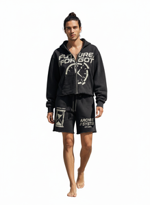 Conjunto de Sudadera con Capucha y Pantalones Cortos Unisex Personalizados, Negros, con Lavado Ácido, Apliques y Parches, Estilo Urbano, Fabricante de Ropa con Marca Privada OEM ODM - Product Image 6
