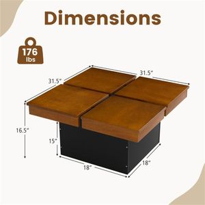 Modern 4-Section Storage Okume Wood Veneer Coffee <b>Table</b> Square Floating Design with <b>Walnut</b> and Black Finish - Product Image 5