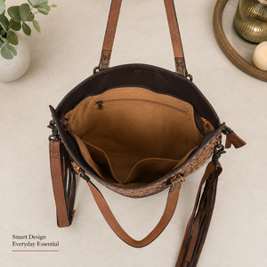 Premium Handmade Hair-On Cowhide Leather Tote <b>Bag</b> with <b>Hand</b> Tooled Floral Design Fringe and Detachable Shoulder Strap for Women - Product Image 4