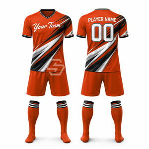 Ensemble de maillots de football personnalisés pour votre équipe, orange, noir, blanc, rayé, col en V, manches courtes, polyester sublimé, adulte unisexe - Product Image 1