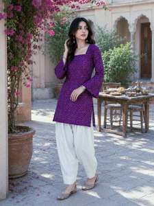 Cotton Bandhej Square Neck <b>Top</b> with Elastic Waist Palazzo Farsi Pants - Product Image 2