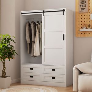 Armadio Alto per Camera da Letto con Asta Appendiabiti, Ante Scorrevoli, Cassetti e Ripiani Aperti per Organizzazione e Conservazione Vestiti - Product Image 2