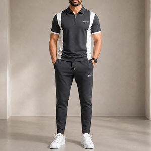 Conjunto Deportivo de Verano Personalizado para Adultos, Estilo Casual, Bloques de Color, Secado Rápido, Transpirable, Camiseta Polo con Cierre de Cremallera, Pantalones Deportivos con Paneles en Contraste - Product Image 5