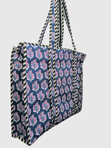 Sac fourre-tout bohème en coton, imprimé floral bleu, bordure rayée, ouverture supérieure, sac à main - Product Image 5