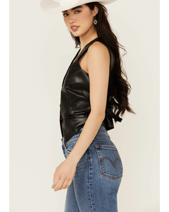 Gilet en cuir de mouton noir pour femme, gilet ajusté en cuir véritable sans manches, col en V, boutonné sur le devant, haut chic ajusté en véritable peau d'agneau - Product Image 2