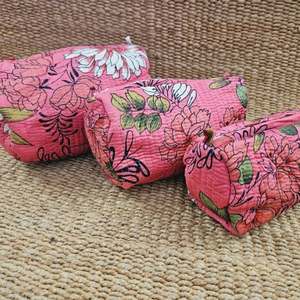 Set of 3 Toiletry Bags Floral Hand Block Printed Washable Makeup Cosmetic & Travel Bags with Pockets Gift for Her Birthday Gift - Product Image 5