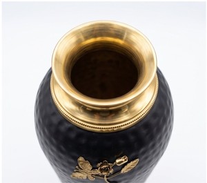 Luxury matte black floor <b>vase</b> Medium with hammered gold rim and intricate floral vine detailing. Premium home decor centerpiece - Product Image 2