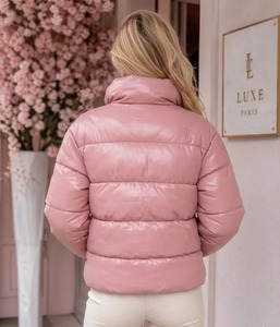 <b>Pink</b> Puffer <b>Jacket</b> Women Stand Collar Zipper Closure Winter Casual Coat Thick Polyester Wadding Short Length Windproof Design - Product Image 3