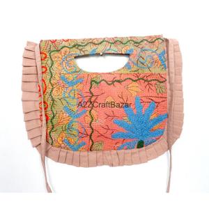Suzani Embroidery Cotton Textile Shoulder <b>Bag</b> with Ruffle Shoulder Sling <b>Medium</b> Size Clutch Closure Daily Use for Exhibition - Product Image 4