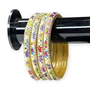 Designer Gold Plated Multicolor Printed <b>Glass</b> <b>Bangles</b> Set with Stone Work Elegant Festive Wear Vintage <b>Bangles</b> for Women - Product Image 3