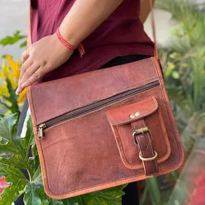 Sac messager pour ordinateur portable en cuir véritable, magnifique, avec fermeture éclair et poche à boucle sur le devant, sacoche artisanale unisexe. - Product Image 2