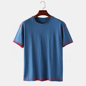 Men's <b>Blue</b> Short Sleeve Knitted <b>T</b>-Shirt O-Neck Regular Fit Contrast Trim Casual Solid Design 100% Cotton Breathable Eco-Friendly - Product Image 1
