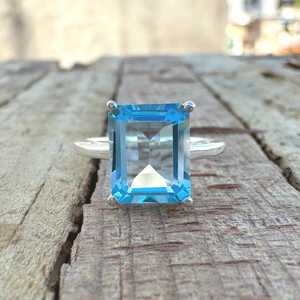 Blue Topaz <b>Ring</b> Sterling Silver Statement Rectangle Gemstone Jewelry Elegant Minimalist Gift For Her Luxury - Product Image 1