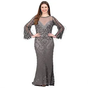 Vestido de Noche de Lujo Gris Carbón con Abundantes Cuentas y Flecos de Plumas - Elegante Escote Ilusorio Transparente, Manga Larga Campana, Maxi con Lentejuelas - Product Image 4