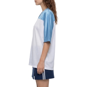 Maillot de football pour femmes blanc et bleu en maille avec col en satin, vêtements de sport athlétiques, vente en gros - Product Image 2