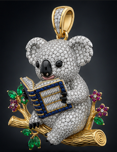 Broche pendentif Koala en forme de livre, plaqué or, ton argent, cristal rubis vert, bijou cadeau - Product Image 3