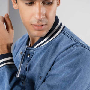 WARPRO INDUSTRY Men's Blue Solid Eco-friendly Denim Puffer <b>Jacket</b> Turn-down Collar Windproof Casual Autumn Wear Front 300g - Product Image 2