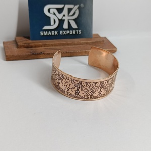 Hand Etched Copper Bangle Metal Craft Wide Cuff <b>Bracelet</b> Engraved Plain Design Handmade Lightweight Antique/Polished Finish - Product Image 3