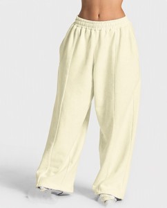 Pantalon large beige sur mesure pour femme, taille haute, coupe décontractée, ceinture élastique, poches latérales, pantalon décontracté, vente en gros de vêtements USA - Product Image 2