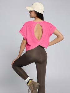 Crop top rose pour femme, manches courtes, col rond, coupe ample, tricot en coton, décontracté, printemps été, couleur unie - Product Image 2