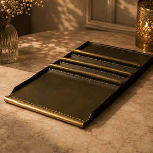 Modern Leather Storage Tray with Brass Trim Rectangle Design for <b>Table</b> Organization - Product Image 1