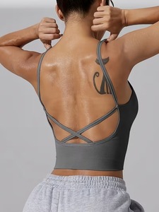Seamless <b>Longline</b> Workout Crop Top for Women | Low Back Strappy Fitness <b>Bra</b> | Removable Cup White Ribbed Athletic Camisole - Product Image 4