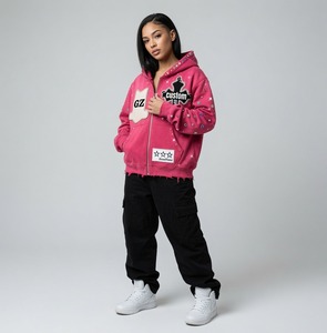 Custom Rhinestone <b>Zip</b> Up Hoodie Distressed Streetwear Heavyweight Fleece <b>Hooded</b> Sweatshirt Casual Fashion Unisex Wear - Product Image 5