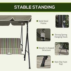 Fauteuil balançoire d'extérieur 3 places beige-vert avec coussin, inclinaison réglable, auvent et support en acier pour jardin, mobilier de jardin - Product Image 5