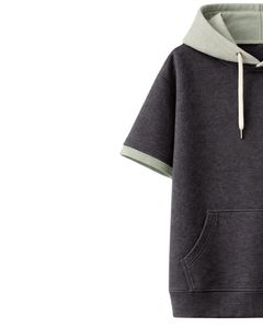 Sweat-shirt léger à manches courtes pour homme, en molleton de coton, couleur anthracite et sauge, avec poche kangourou, style streetwear décontracté, idéal pour l'été - Product Image 2
