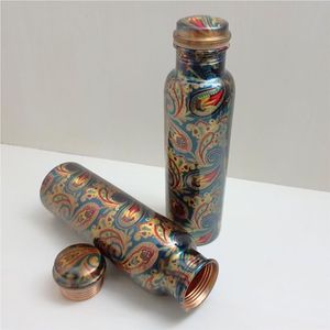 Artisanal Floral Lacquer Printed Copper <b>Bottle</b> Luxury Drinkware Copper <b>Flask</b> Seamless Ayurvedic Vessel For Wellness Yoga Sports - Product Image 1