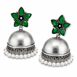 Green Stone <b>Oxidized</b> Silver Jhumka Earrings for Women Bollywood Traditional Pearl Drop Earrings Wholesale Indian Ethnic Jewelry - Product Image 3