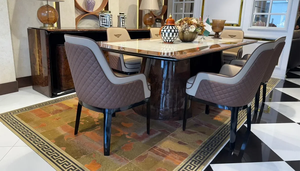 Juego de Comedor Moderno Italiano de Madera de Teca Sólida, Mesa de Mármol de Alto Brillo, 7 Piezas, Sillas de Cuero Sintético de Lujo, Muebles de Comedor para Hotel - Product Image 3