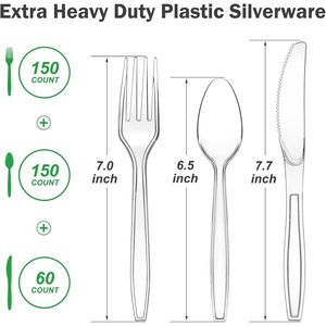 Set di posate usa e getta in plastica trasparente extra resistente, senza BPA, 360 pezzi - 150 forchette, 150 cucchiai, 60 coltelli, resistenti al calore - Product Image 2