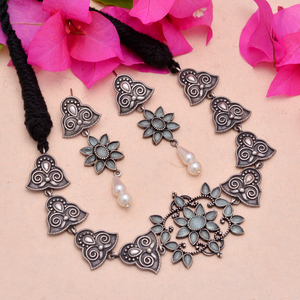 New Arrival Traditional Oxidized Silver Bridal Choker Necklace Set with Earrings, Brass Jewelry for Women Wedding & Engagement - Product Image 5