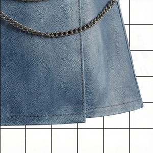 Women High <b>Waist</b> Faux Leather A-Line Mini Skirt With <b>Chain</b> Decoration Punk Style Solid Color Woven Fabric - Product Image 6
