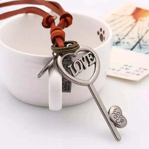 Vintage Alloy Key Heart Pendant Necklace with Adjustable Dark Brown Leather Cord for Men & Boys - Product Image 2