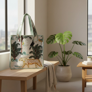 Wholesale Custom Quilted Cotton Canvas Tote <b>Bag</b> Jungle Safari Animal Print Leopard Tropical Palm Tree Beach Shopping <b>Bag</b> - Product Image 3