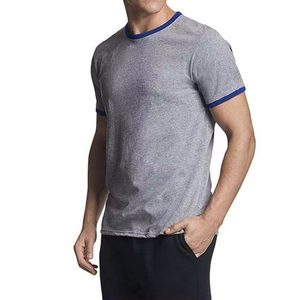 เสื้อยืดคอกลมสีเทาสำหรับผู้ชาย แต่งขอบคอและแขนเสื้อสีน้ำเงิน ทรงเข้ารูป สไตล์ลำลอง สตรีทแวร์ ใส่สบายในฤดูร้อน เหมาะสำหรับใส่ทุกวัน - Product Image 6