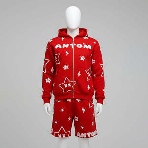 Ensemble sweat à capuche zippé et short personnalisé avec logo, survêtement deux pièces imprimé en relief sur toute la surface, ensemble sweat à capuche et short pour homme - Product Image 4