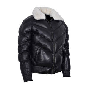 Blouson aviateur en cuir noir pour homme, col montant, fermeture éclair, doublure en fausse fourrure, coupe-vent, manteau d'hiver - Product Image 1