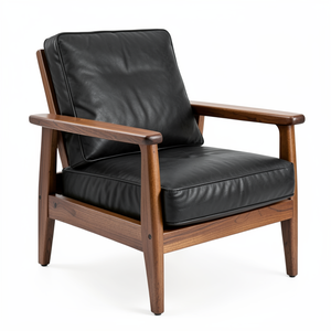 Fauteuil moderne en cuir de vachette véritable avec structure en bois naturel, chaise de salon pour café, boutique, restaurant - Product Image 2